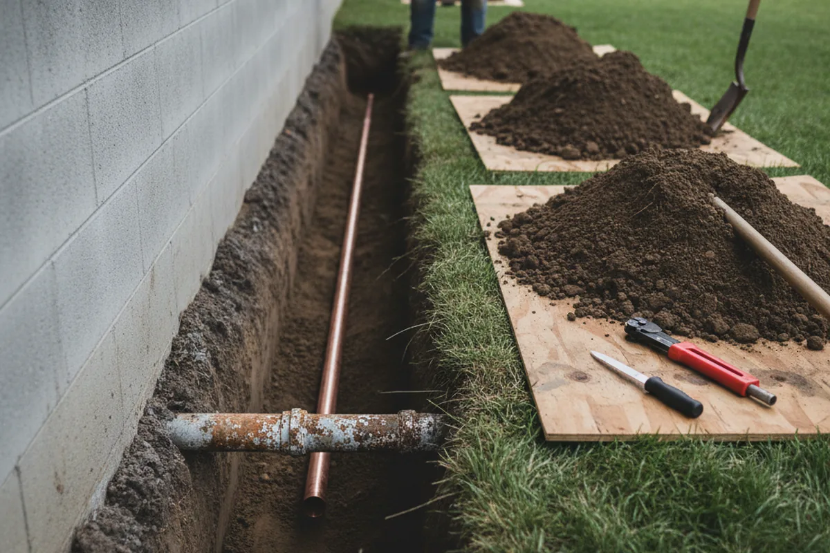 Excavated water line trench during Water Softener Installation in Allentown